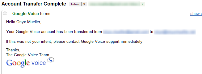 Screenshot of Google Voice Account Transfer Complete